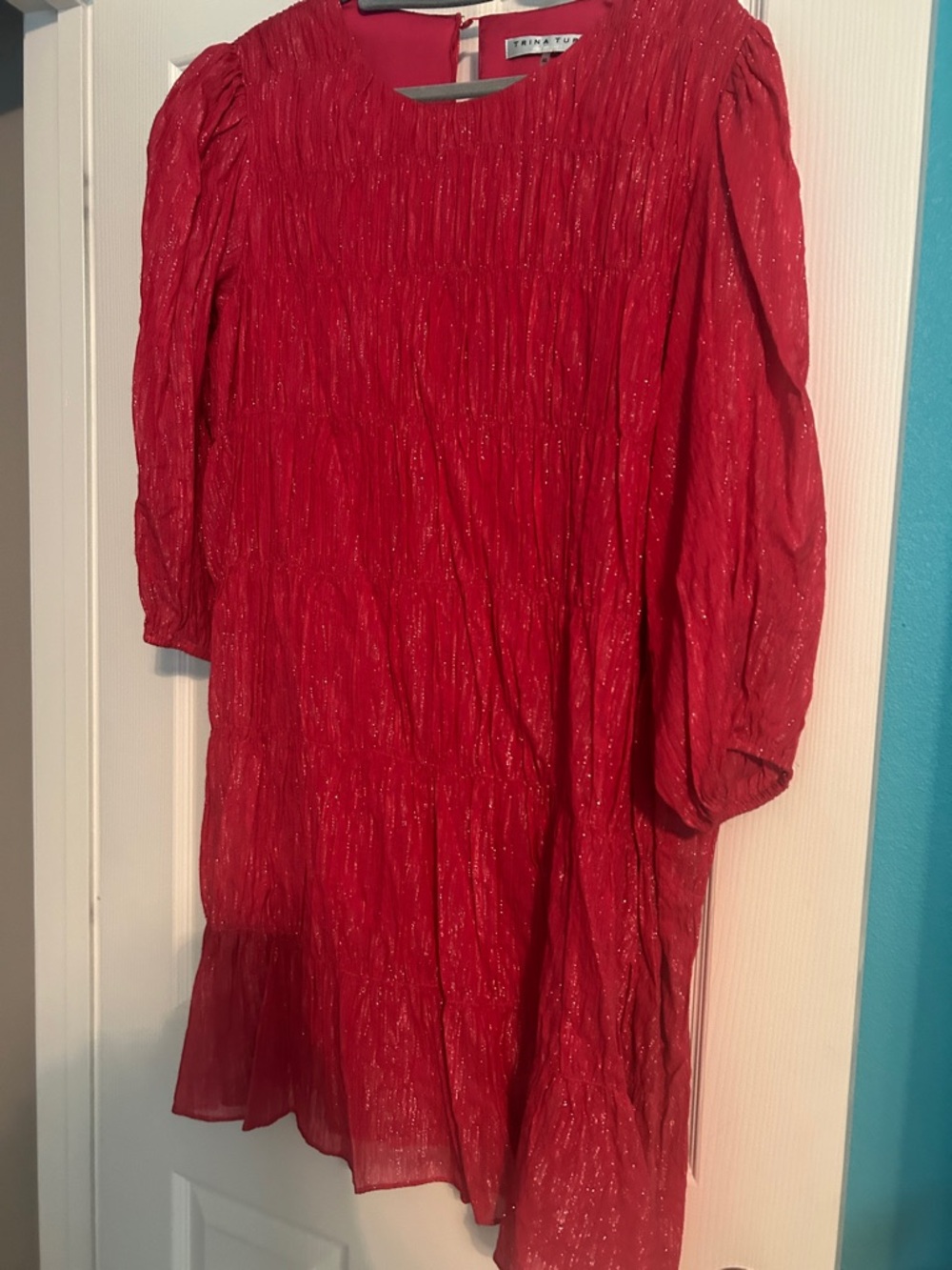Trina Turk Hot Pink with silver Metallic-Thread Long Sleeve Dress